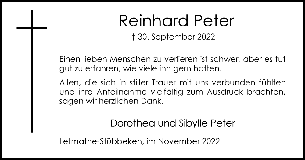  Traueranzeige für Reinhard Peter vom 19.11.2022 aus Tageszeitung