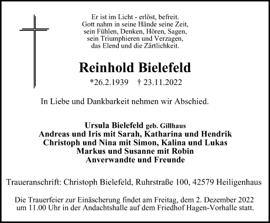 Traueranzeige von Reinhold Bielefeld von Tageszeitung