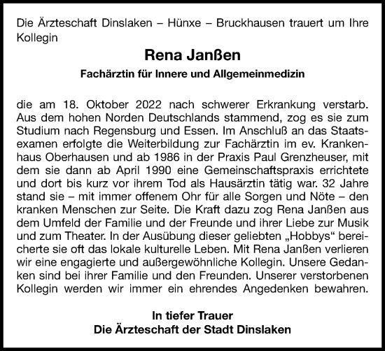 Traueranzeige von Rena Janßen von Tageszeitung