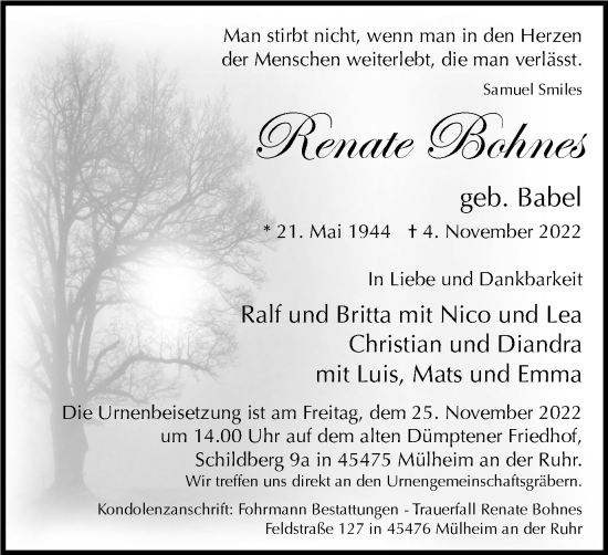 Traueranzeige von Renate Bohnes von WVW Anzeigenblätter