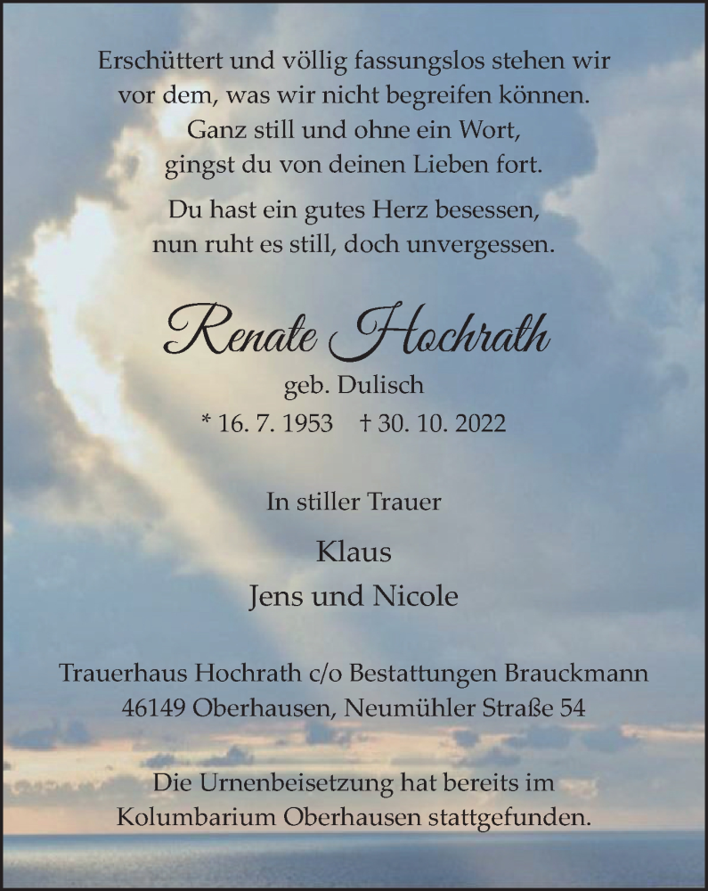  Traueranzeige für Renate Hochrath vom 19.11.2022 aus WVW Anzeigenblätter