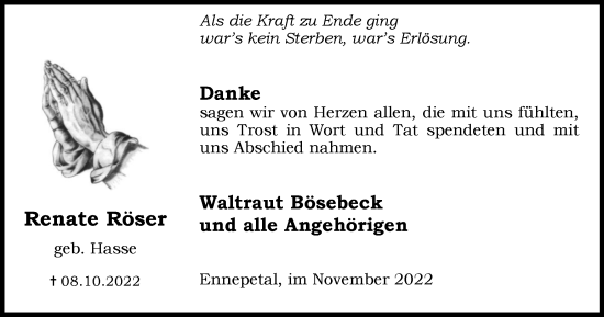 Traueranzeige von Renate Röser von Tageszeitung