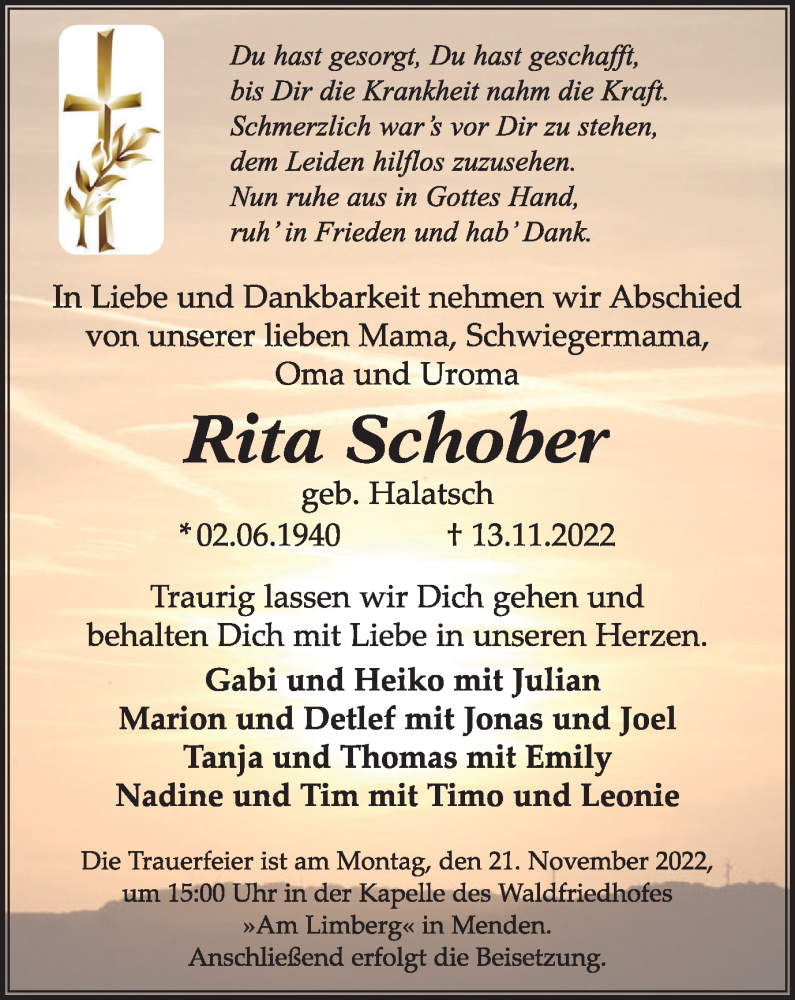  Traueranzeige für Rita Schober vom 19.11.2022 aus WVW Anzeigenblätter
