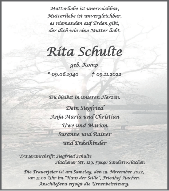 Traueranzeige von Rita Schulte von Tageszeitung