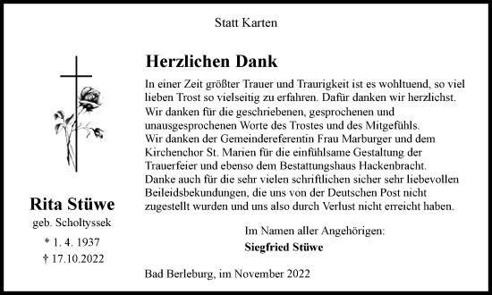 Traueranzeige von Rita Stüwe von Tageszeitung