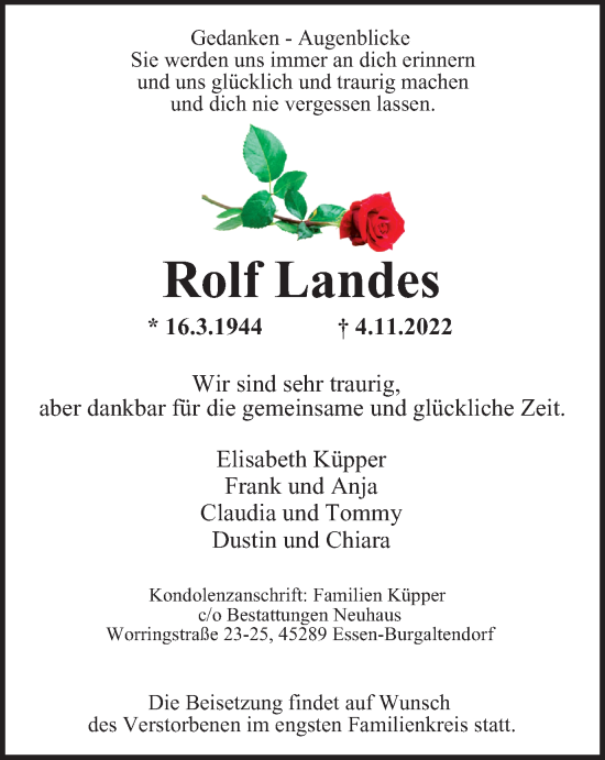 Traueranzeige von Rolf Landes von Tageszeitung