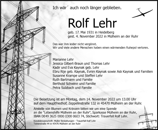 Traueranzeige von Rolf Lehr von Tageszeitung