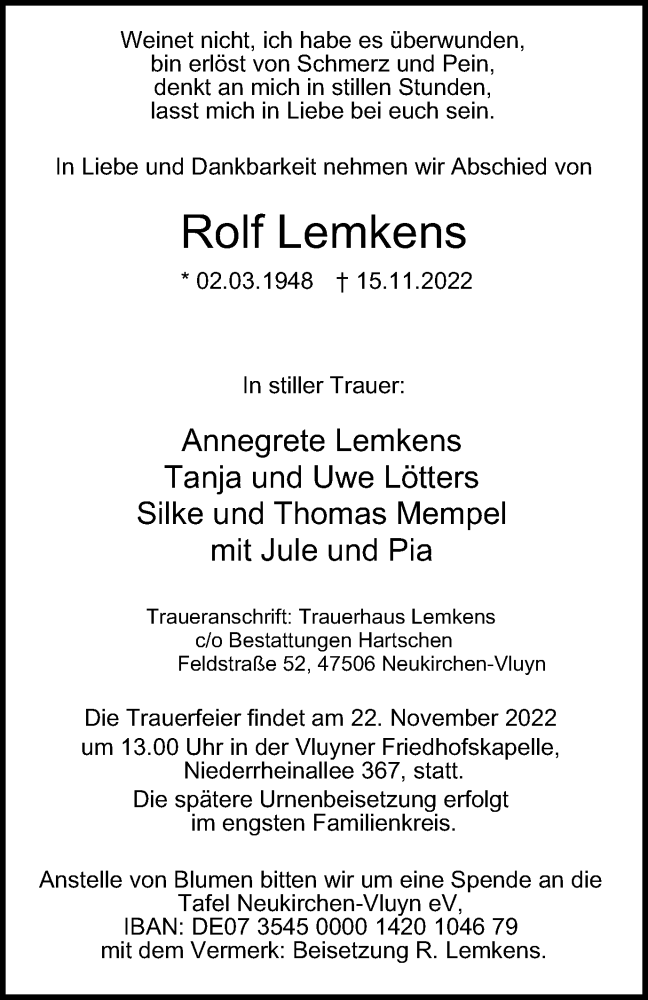  Traueranzeige für Rolf Lemkens vom 19.11.2022 aus Tageszeitung