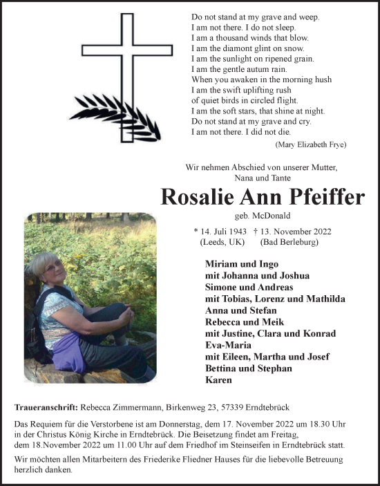 Traueranzeige von Rosalie Ann Pfeiffer von Tageszeitung