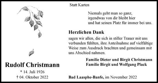 Traueranzeige von Rudolf Christmann von Tageszeitung