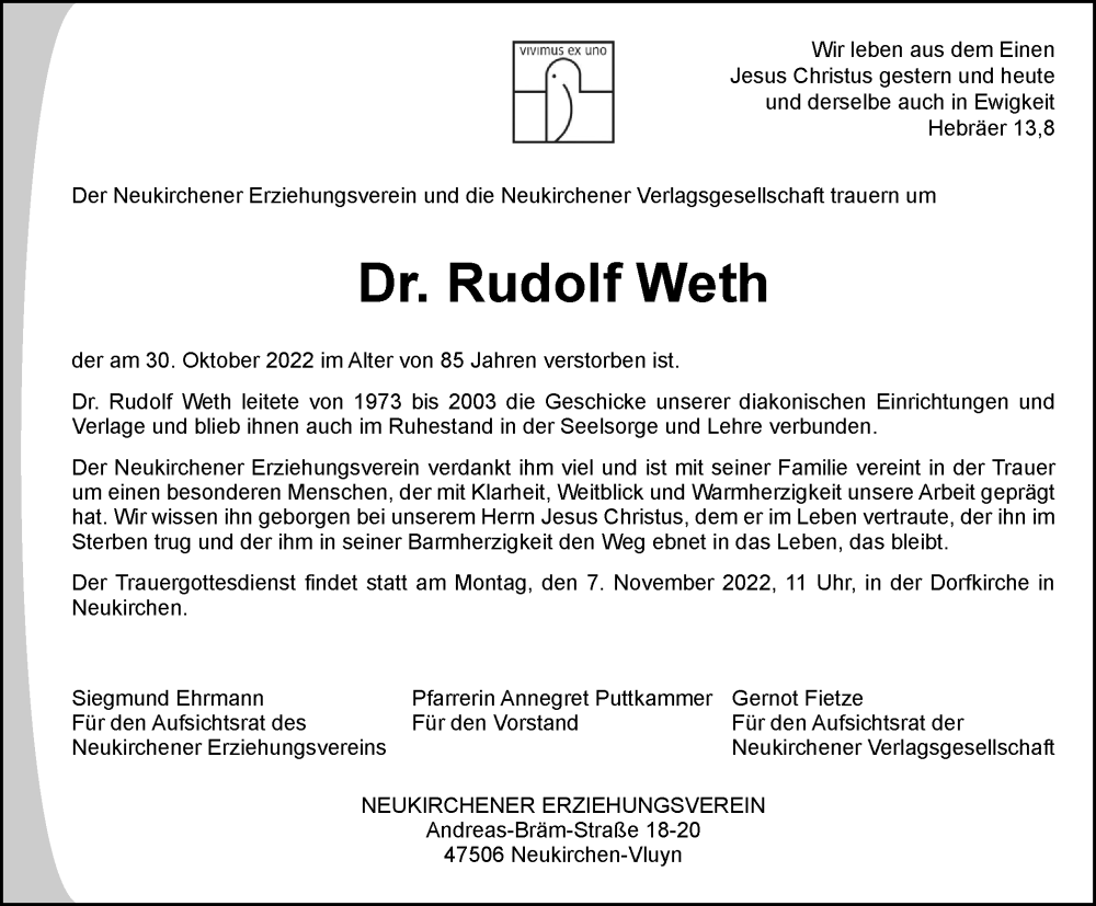  Traueranzeige für Rudolf Weth vom 03.11.2022 aus Tageszeitung