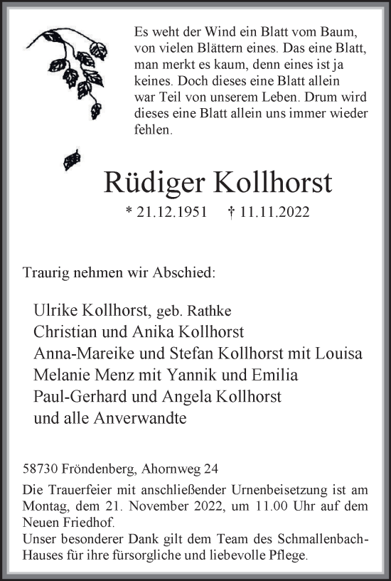 Traueranzeige von Rüdiger Kollhorst von WVW Anzeigenblätter