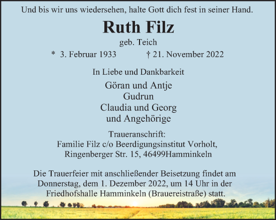 Traueranzeige von Ruth Filz von Tageszeitung