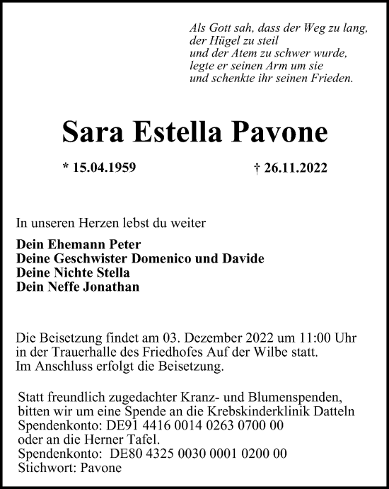 Traueranzeige von Sara Estella Pavone von Tageszeitung