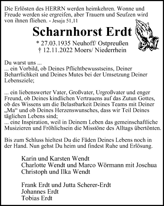Traueranzeige von Scharnhorst Erdt von Tageszeitung