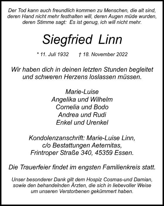 Traueranzeige von Siegfried Linn von Tageszeitung