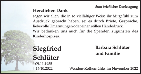 Traueranzeige von Siegfried Schlüter von Tageszeitung
