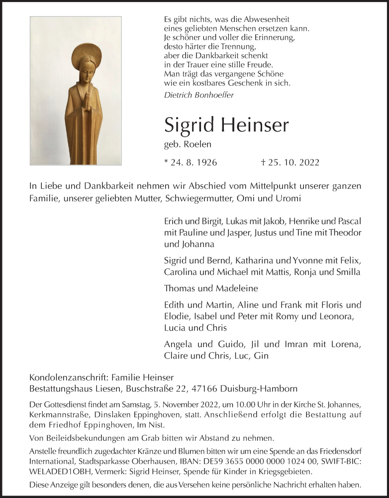  Traueranzeige für Sigrid Heinser vom 01.11.2022 aus Tageszeitung