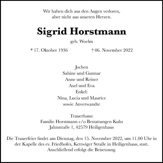 Traueranzeige von Sigrid Horstmann von Tageszeitung