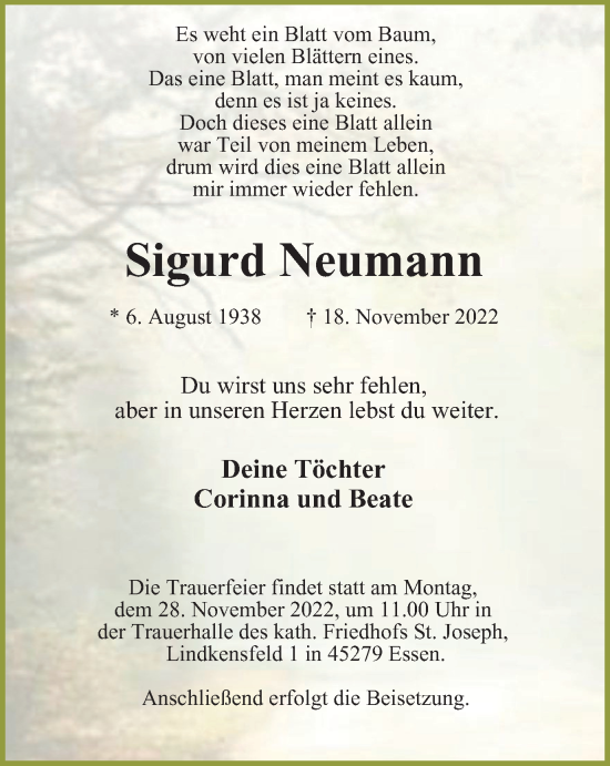 Traueranzeige von Sigurd Neumann von Tageszeitung