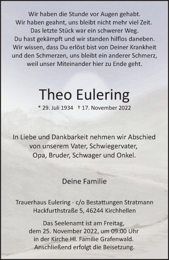 Traueranzeige von Theo Eulering von Tageszeitung