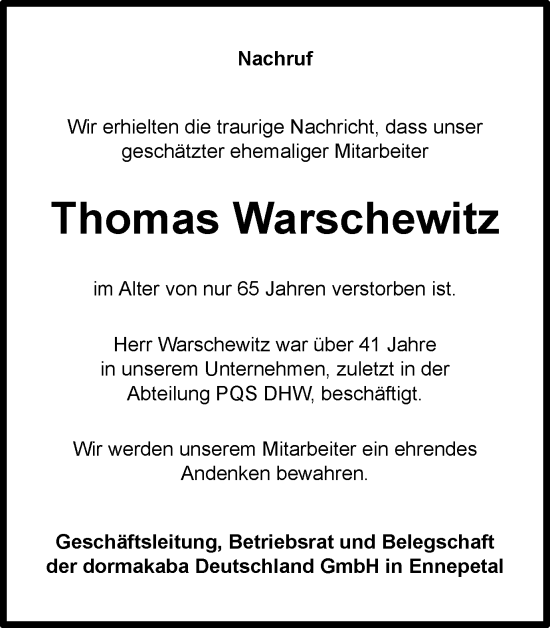 Traueranzeige von Thomas Warschewitz von Tageszeitung
