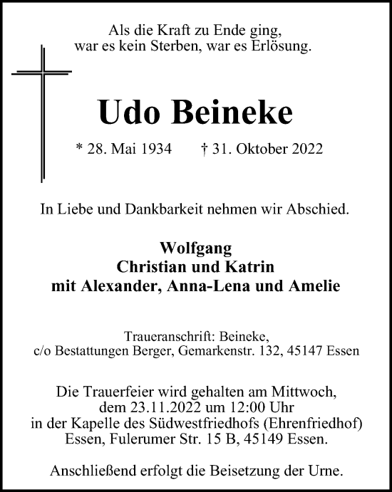 Traueranzeige von Udo Beineke von Tageszeitung