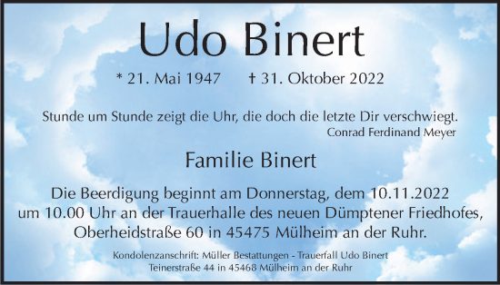 Traueranzeige von Udo Binert von Tageszeitung