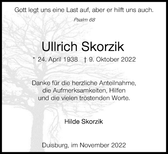 Traueranzeige von Ullrich Skorzik von Tageszeitung