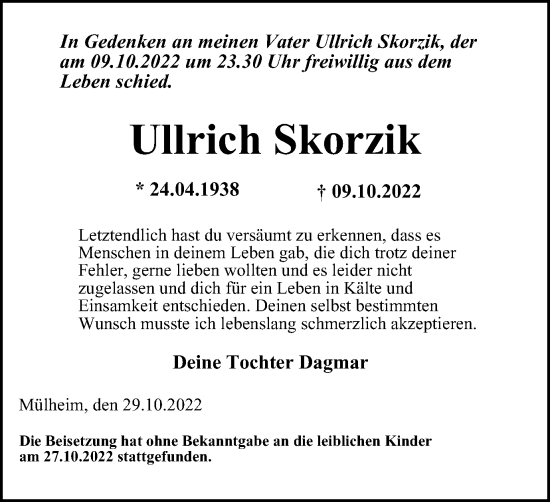 Traueranzeige von Ullrich Skorzik von Tageszeitung