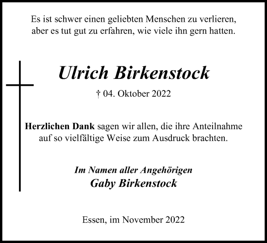 Traueranzeige von Ulrich Birkenstock von Tageszeitung