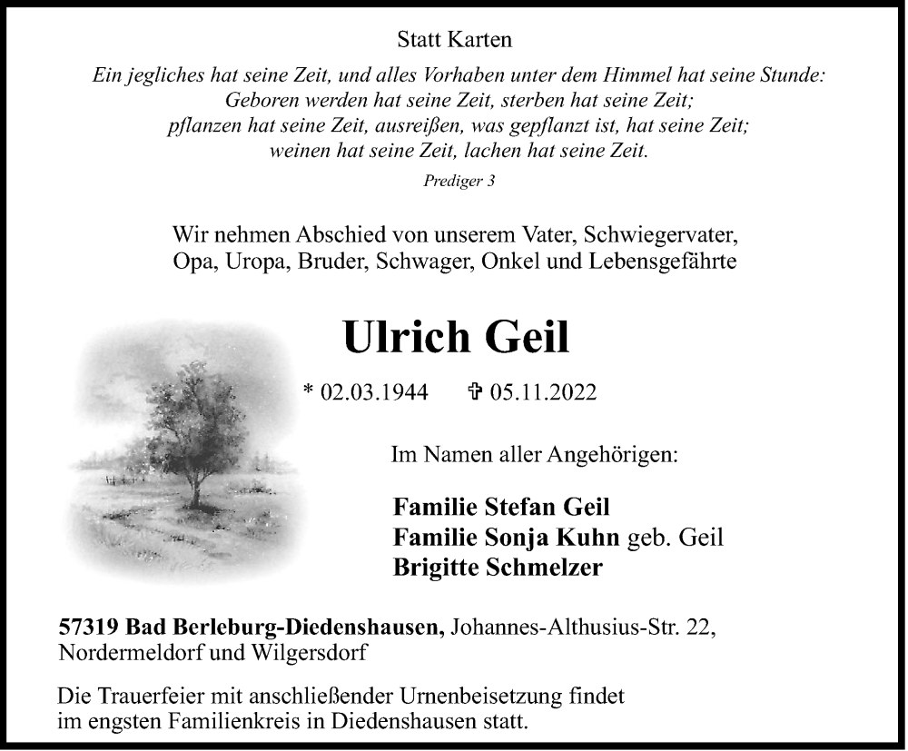  Traueranzeige für Ulrich Geil vom 08.11.2022 aus Tageszeitung