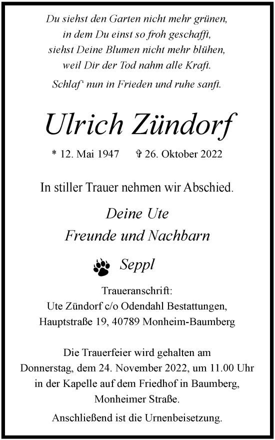 Traueranzeige von Ulrich Zündorf von WVW Anzeigenblätter