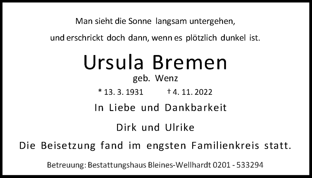  Traueranzeige für Ursula Bremen vom 26.11.2022 aus Tageszeitung
