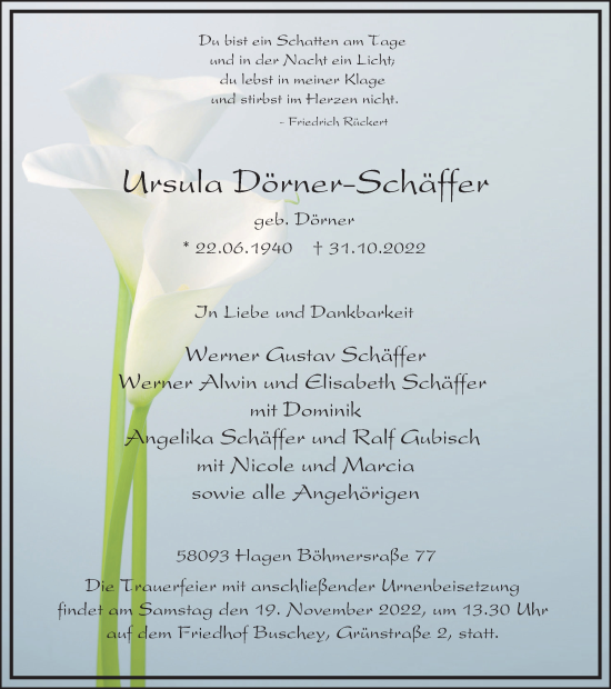 Traueranzeige von Ursula Dörner-Schäffer von Tageszeitung