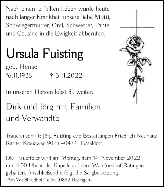 Traueranzeige von Ursula Fuisting von Tageszeitung