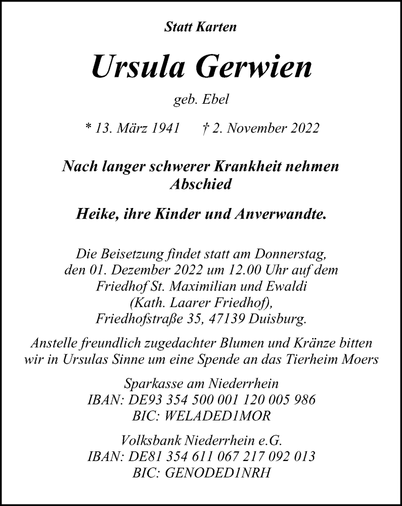  Traueranzeige für Ursula Gerwien vom 26.11.2022 aus Tageszeitung