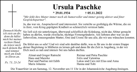 Traueranzeige von Ursula Paschke von Tageszeitung