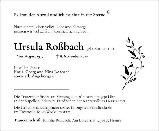 Traueranzeige von Ursula Roßbach von WVW Anzeigenblätter