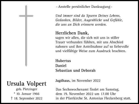 Traueranzeige von Ursula Volpert von Tageszeitung