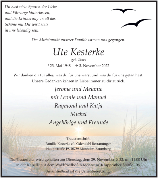 Traueranzeige von Ute Kesterke von WVW Anzeigenblätter