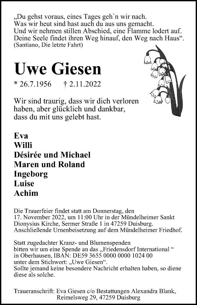  Traueranzeige für Uwe Giesen vom 12.11.2022 aus Tageszeitung