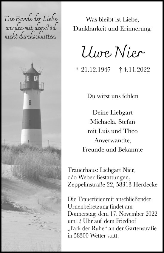 Traueranzeige von Uwe Nier von Tageszeitung