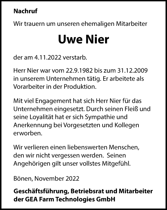 Traueranzeige von Uwe Nier von Tageszeitung