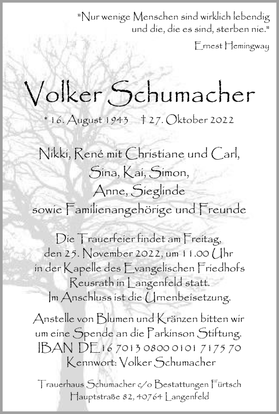 Traueranzeigen von Volker Schumacher TrauerinNRW.de