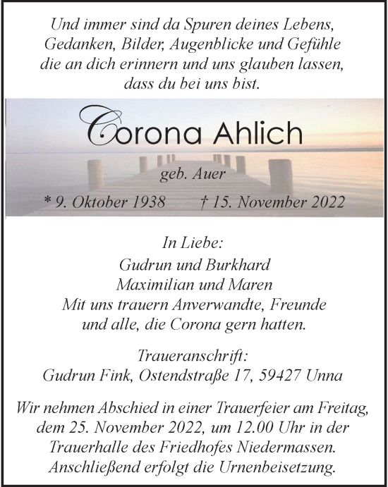 Traueranzeige von Vorona Ahlich von Tageszeitung