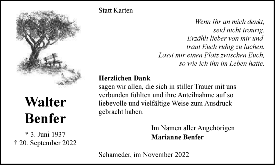 Traueranzeige von Walter Benfer von Tageszeitung