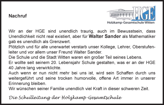 Traueranzeige von Walter Sander von Tageszeitung