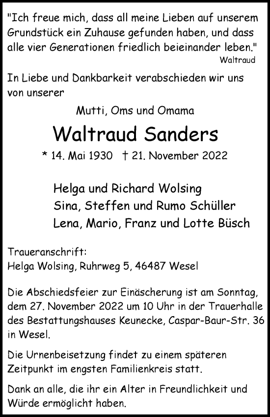 Traueranzeige von Waltraud Sanders von WVW Anzeigenblätter