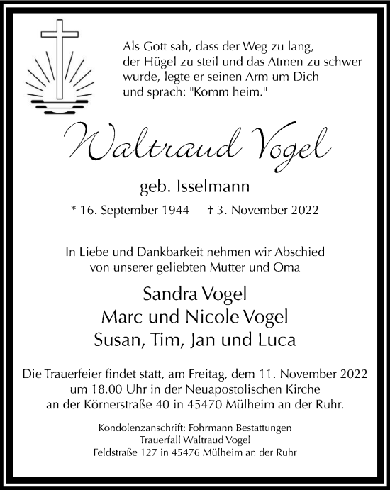 Traueranzeige von Waltraud Vogel von Tageszeitung
